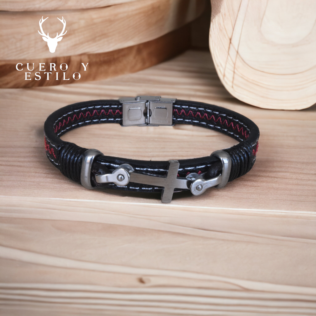 Pulsera Cuero Tejido Cruz